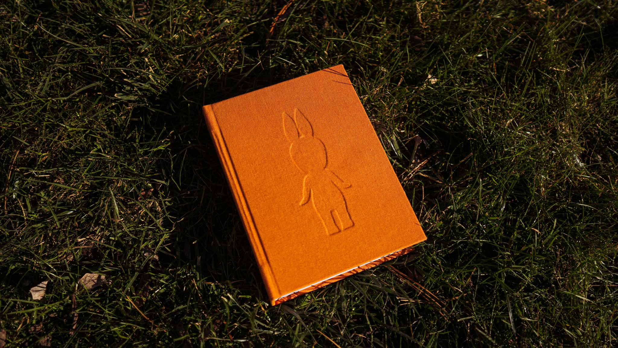 A little orange clothbound book on grass